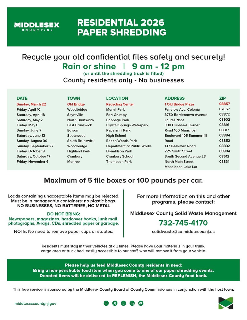 The annual Middlesex County paper shred event is this Sunday, 3/22,  from 9AM – 12PM at the Municipal Complex. This event is open to all Middlesex County residents and will be held rain or shine