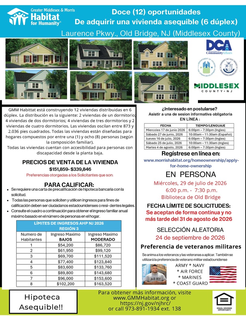 Greater Middlesex & Morris Habitat for Humanity are building 12 affordable homes across 6 duplexes in Old Bridge Township. For more information, and to apply, please visit morrishabitat.org/homeownership/apply-for-home-ownership