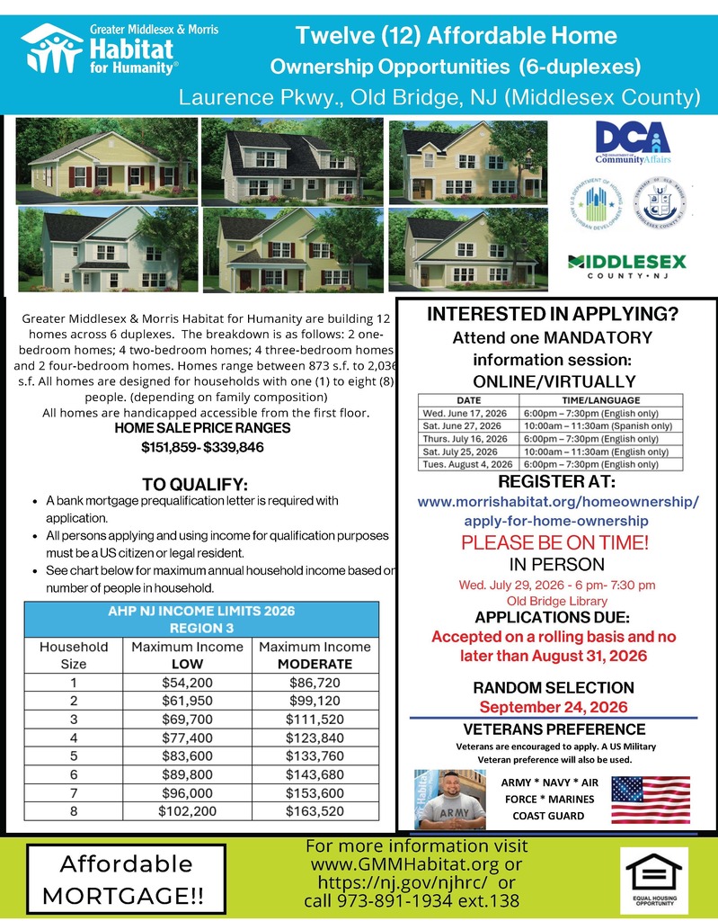 Greater Middlesex & Morris Habitat for Humanity are building 12 affordable homes across 6 duplexes in Old Bridge Township. For more information, and to apply, please visit morrishabitat.org/homeownership/apply-for-home-ownership
