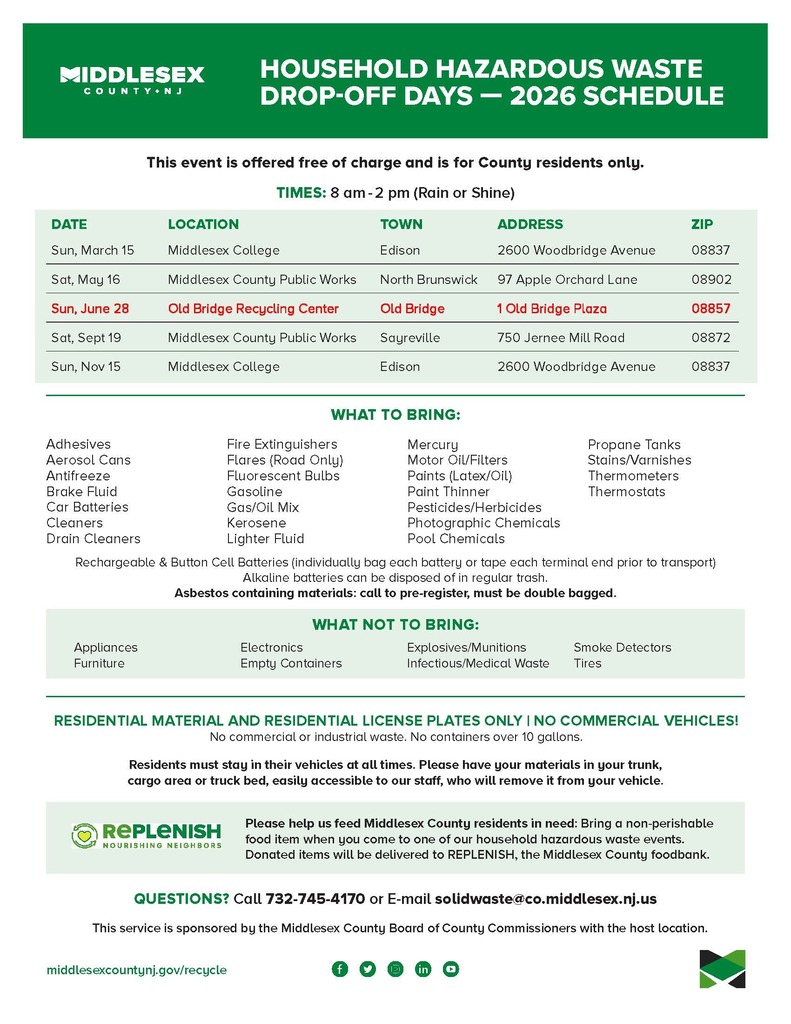 Household Hazardous Waste Day is today, Sunday, 6/28, from 8AM – 2PM at the Municipal Complex. This event is open to all Middlesex County residents and will be held rain or shine.