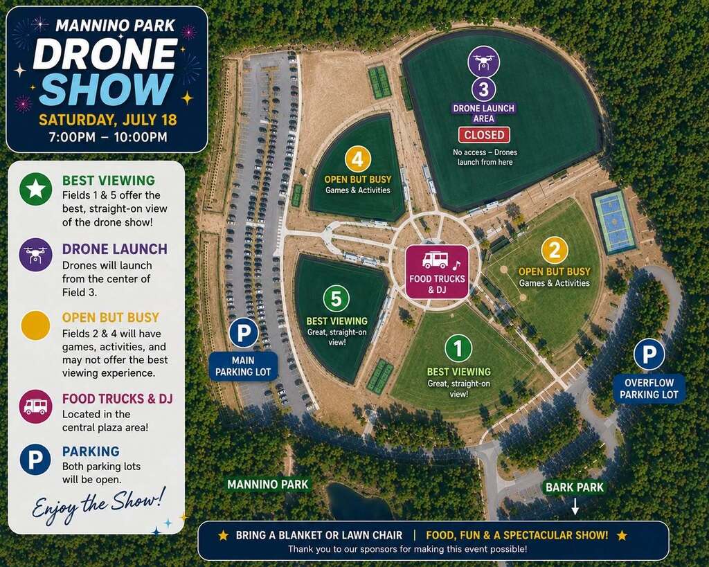 Map for the America 250 Drone Show at Mannino Park on Saturday, July 19th, from 7PM to 10PM