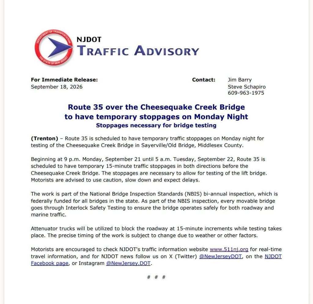 Attention residents! Please see below a traffic advisory issued by the NJ Department of Transportation.
