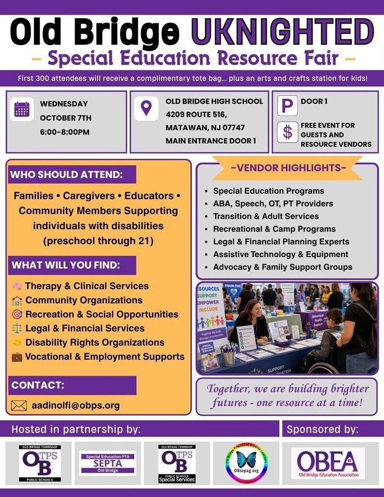 ion Resource Fair Wednesday October 7, 2026, from 6pm to 8pm at Old Bridge High School Free event, park near door 1