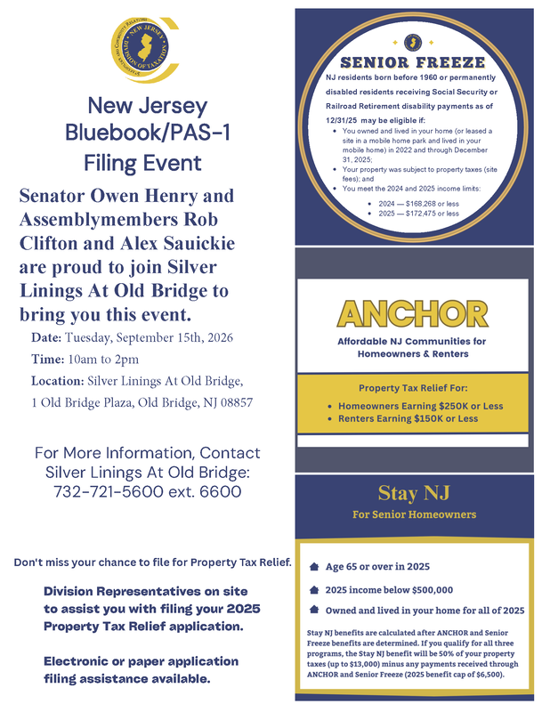Henry, Clifton, and Sauickie to Host Property Tax Relief Filing Assistance Event at Silver Linings at Old Bridge