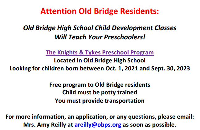 2026-2027 Knights & Tykes Preschool Program - contact areilly@obps.org for more information