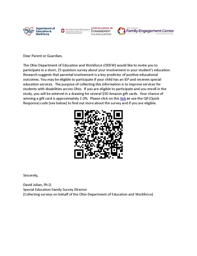 Parent survey with QR code included. Please complete by May 29, 2026.
