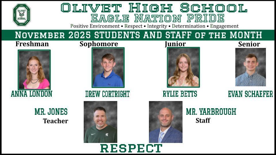 Congratulations to our November Student/Staff of the Month. They are Freshman: Anna London, Sophomore: Drew Cortright, Junior: Rylie Betts, and Senior: Evan Schaefer. Staff of the month: Mr. Evans Jones and Mr. Rick Yarbrough.