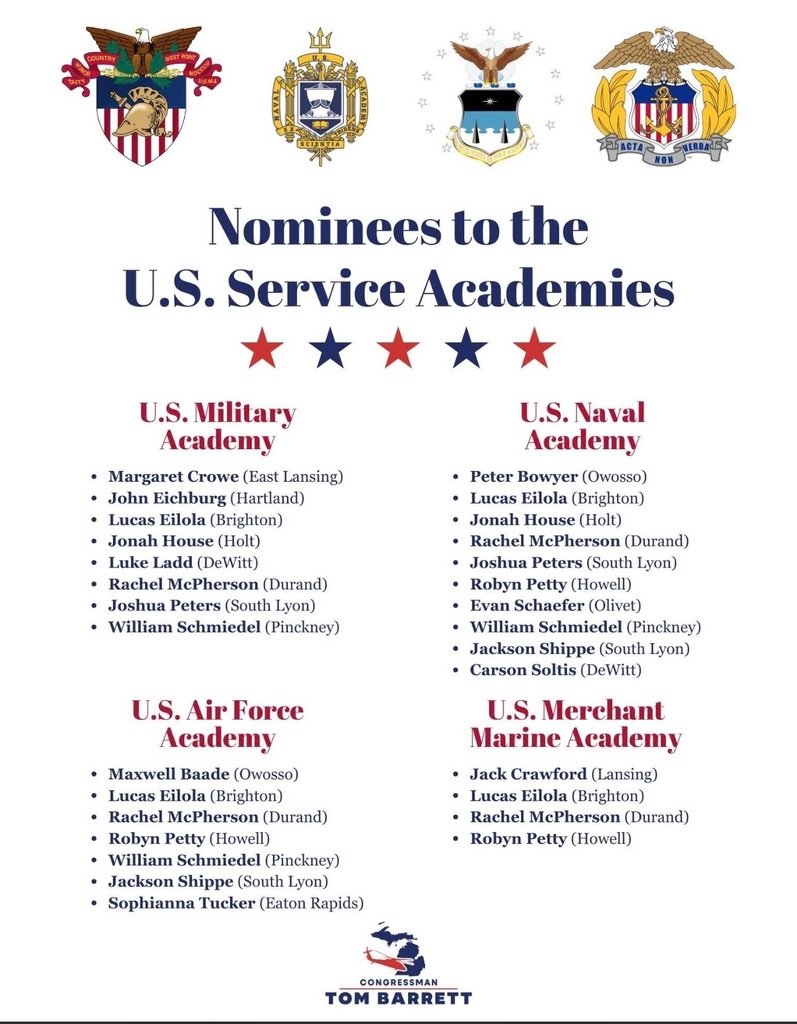 On behalf of Olivet Community Schools, we extend our congratulations to Olivet Senior Evan Schaefer on being  nominated to the U.S. Naval Academy. We are proud of you, Evan, and wish you the best of luck in the selection process!