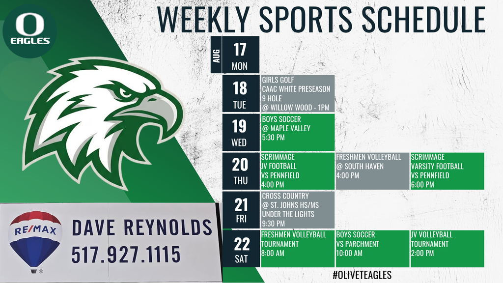 Olivet Eagles Weekly Sports Schedule! Brought to you by Dave Reynolds - Your local Re/Max Real Estate Agent and proud sponsor of Olivet Athletics! #OlivetEagles