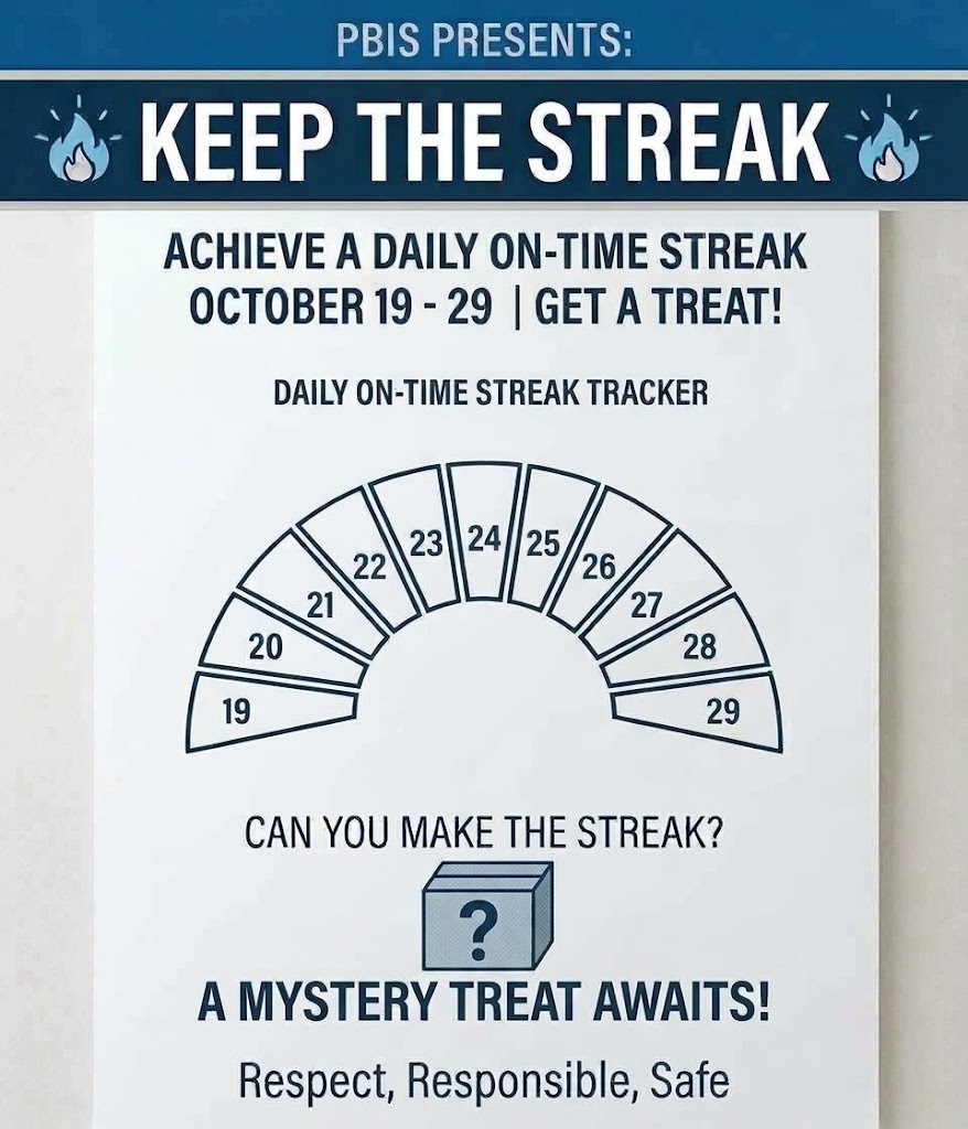 Keep the Streak Challenge! Students that are punctual the next two weeks will earn a treat.