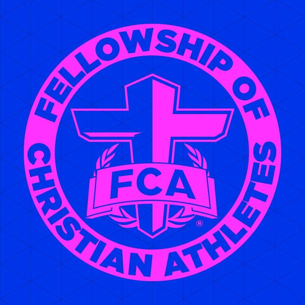 blue background with hot pink logo; circle saying Fellowship of Christian Athletes, cross with banner saying FCA in center