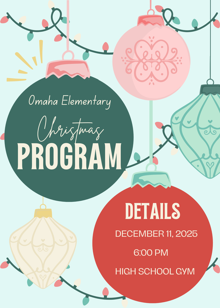 colorful cartoon Christmas ornaments with details of upcoming Christmas Program