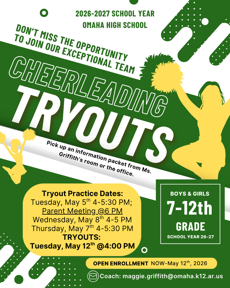 green, yellow, and white flyer with cheerleader silhouettes  and cheer tryout information