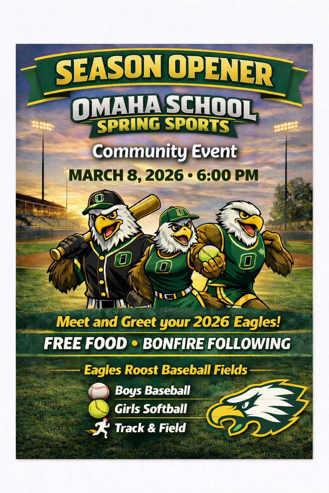 cartoon eagles ready to play sports with information above and below, baseball field, sky, and stadium lights in the background