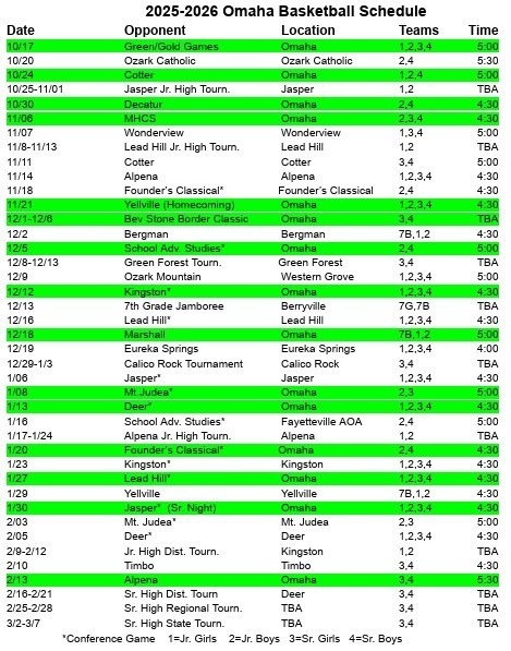 Basketball Schedule with home games highlighted in green