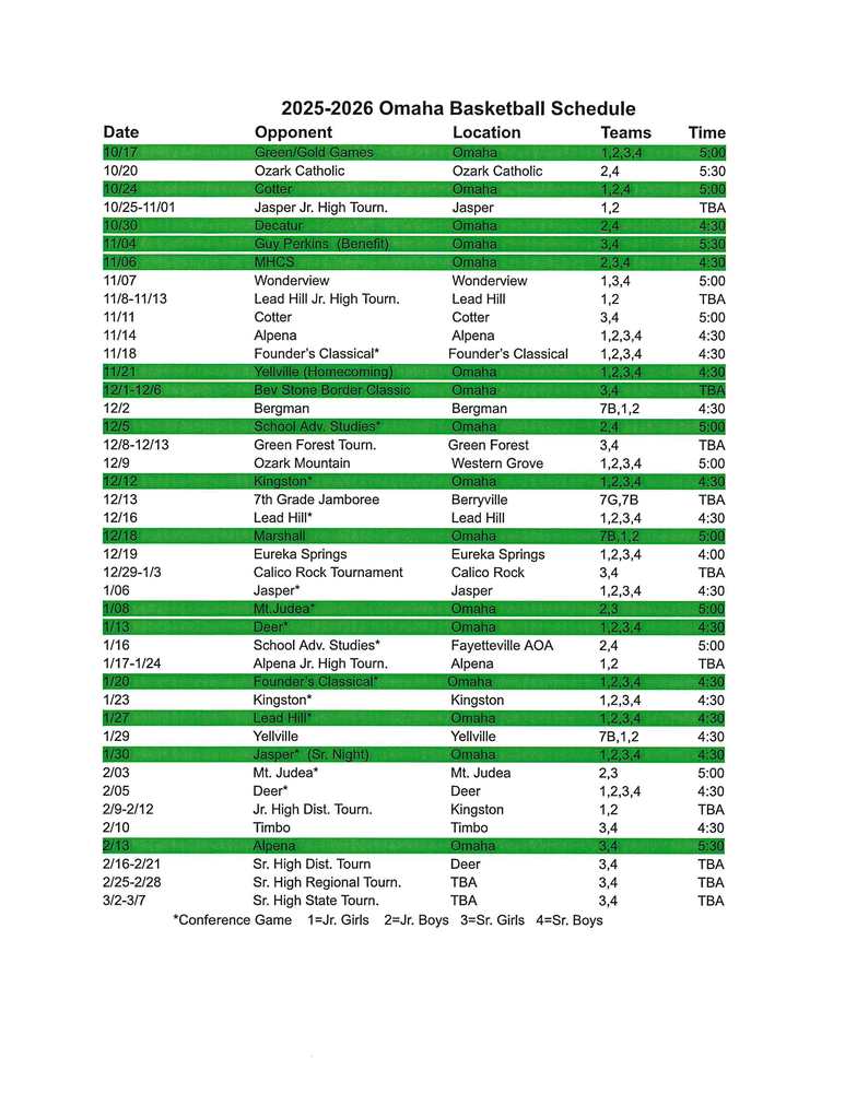 Basketball Schedule with home games highlighted in green