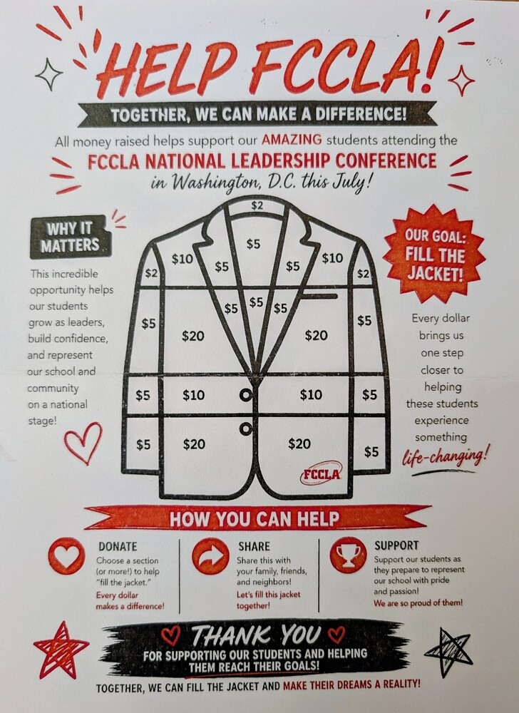outline of a suit jacket that is divided into sections with dollar amounts in each section. Help FCCLA! at the top. Fundraiser for FCCLA Nationals trip.