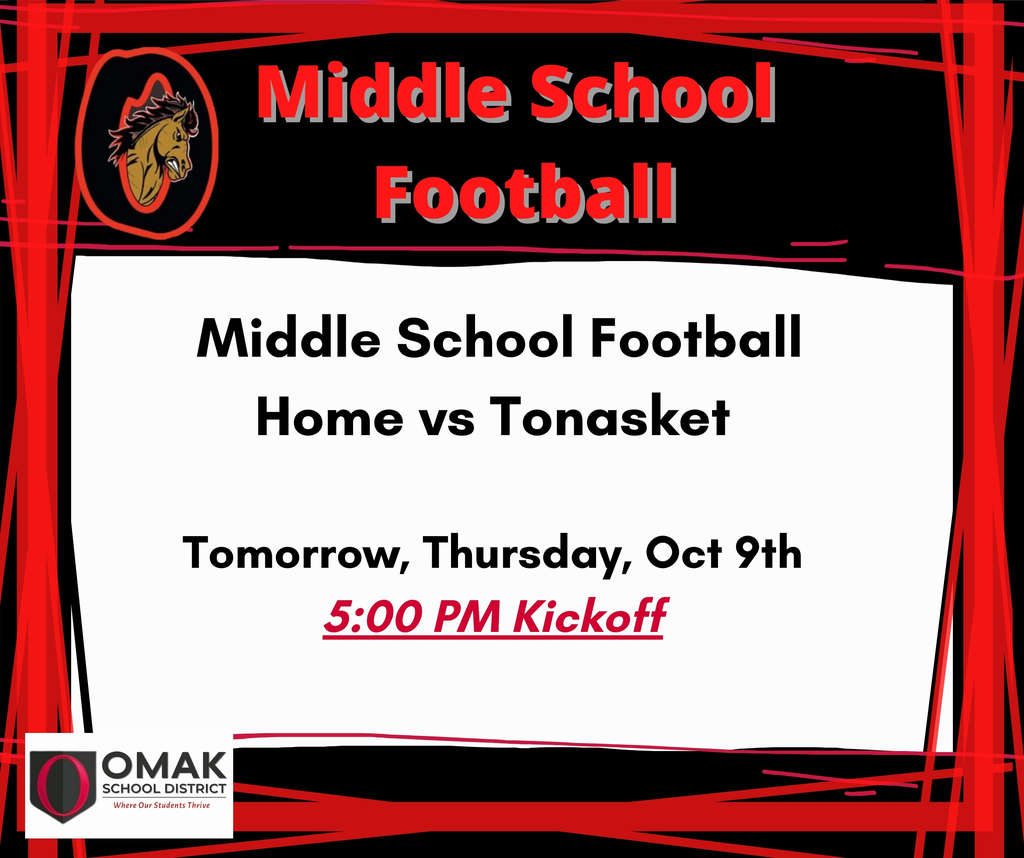 Middle School Football Home vs Tonasket - Kickoff @ 5:00 pm