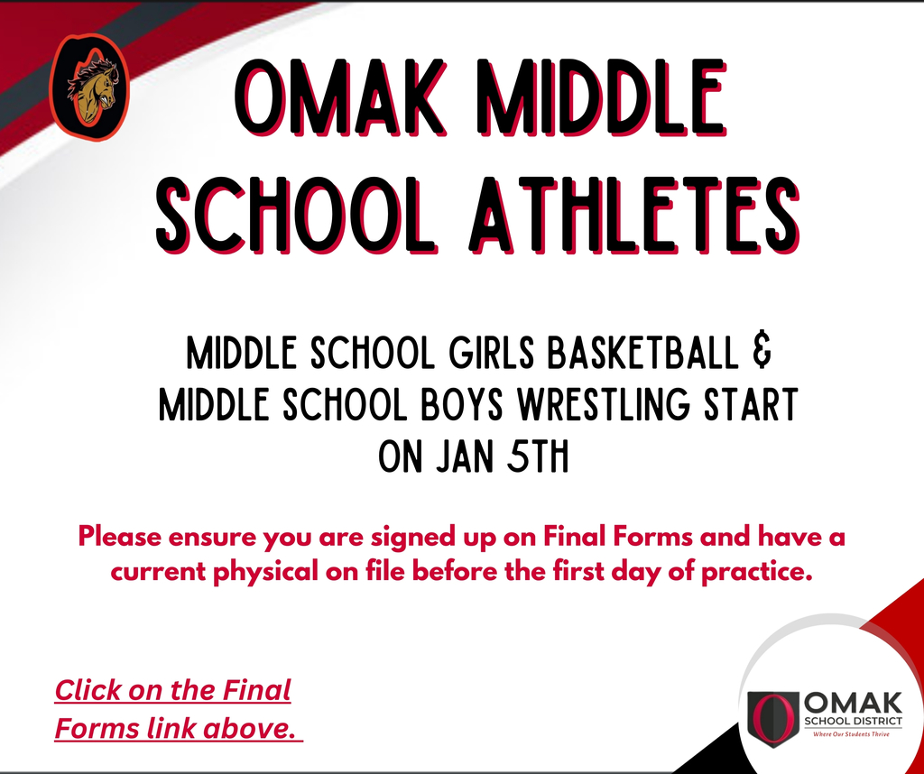 Middle School Girls basketball and Middle School boys wrestling will start on Monday, January 5, 2026. 