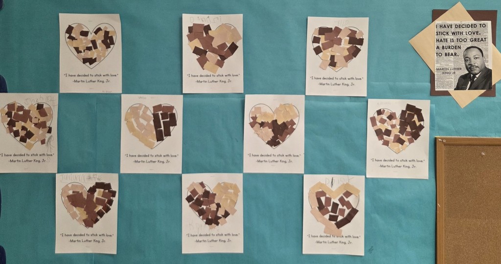 A Martin Luther King Jr. display of hearts made by kindergarteners.