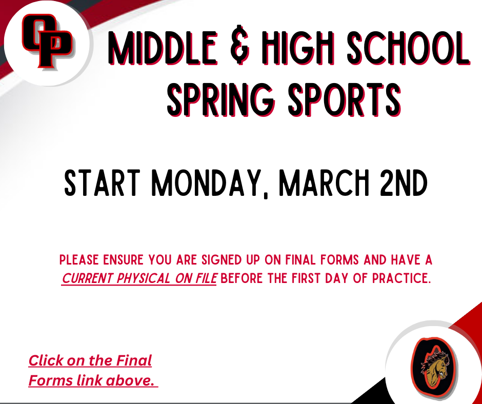 Middle & High School Spring Sports Start March 2nd. 