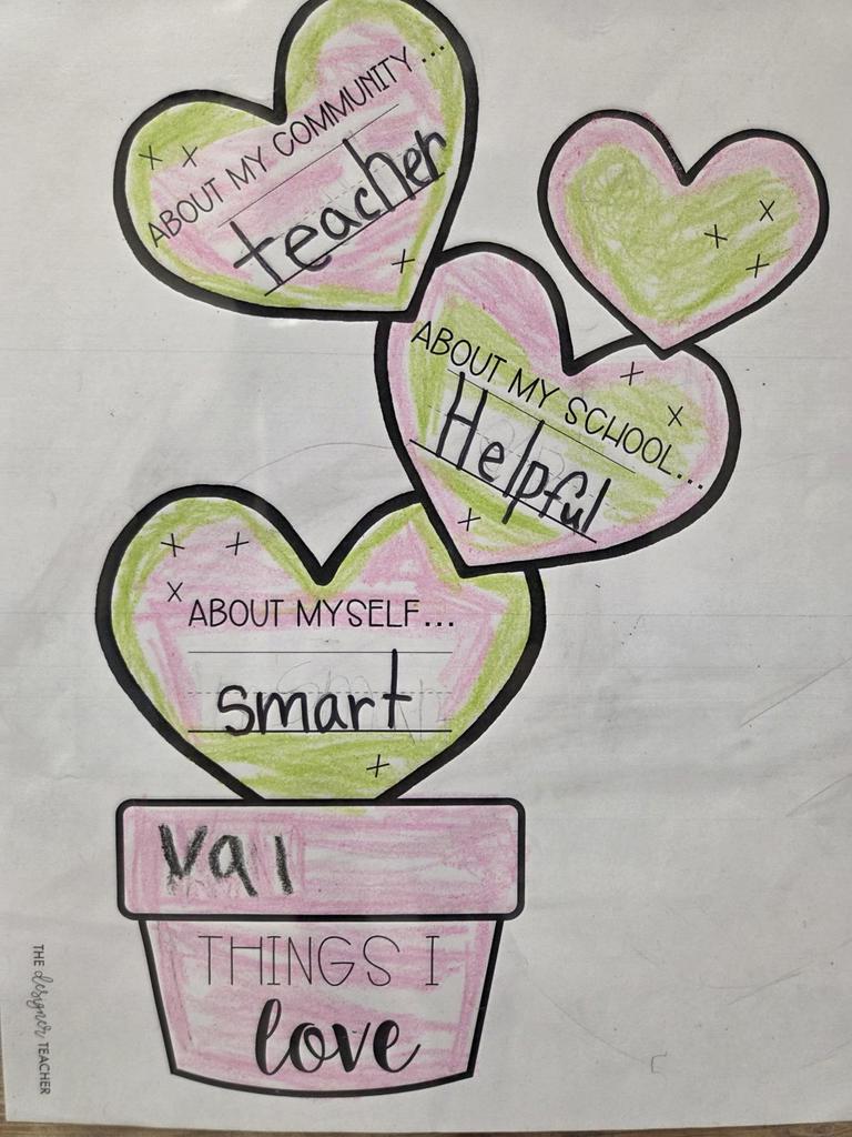 A 1st grade student wrote about the things she loves including her teacher in her community, her helpful school and how smart she is.