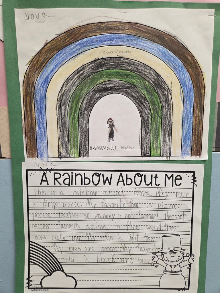 Students practice their writing by completing "A Rainbow About Me" paper.
