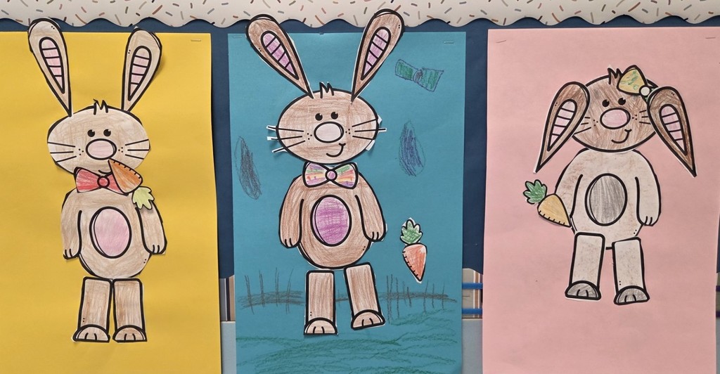 Student art bunny color, cut, and glue craft.