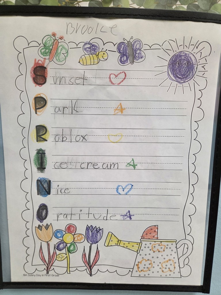 Brook in 1st grade uses the words, "sunset, park, Roblox, icecream,nice, and gratitude", to describe spring in her arcrostic poem.