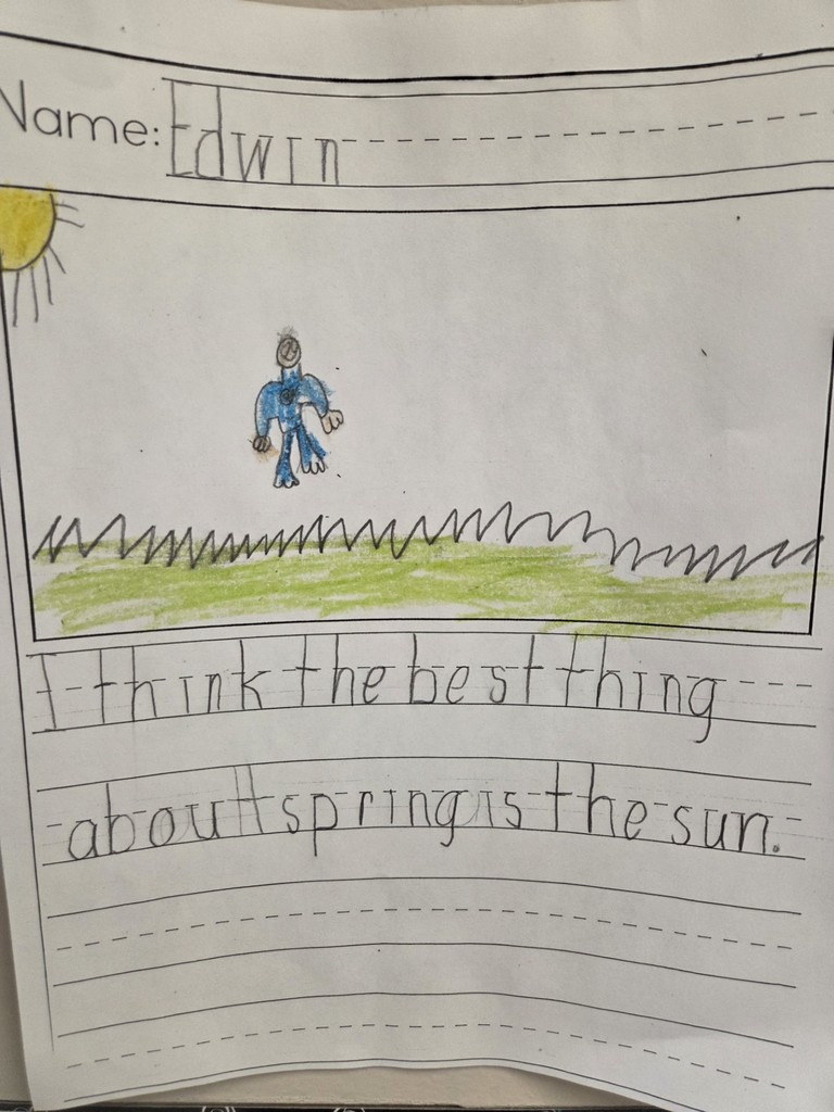 1st grader Edwin writes, "I think the best thing about spring is the sun."