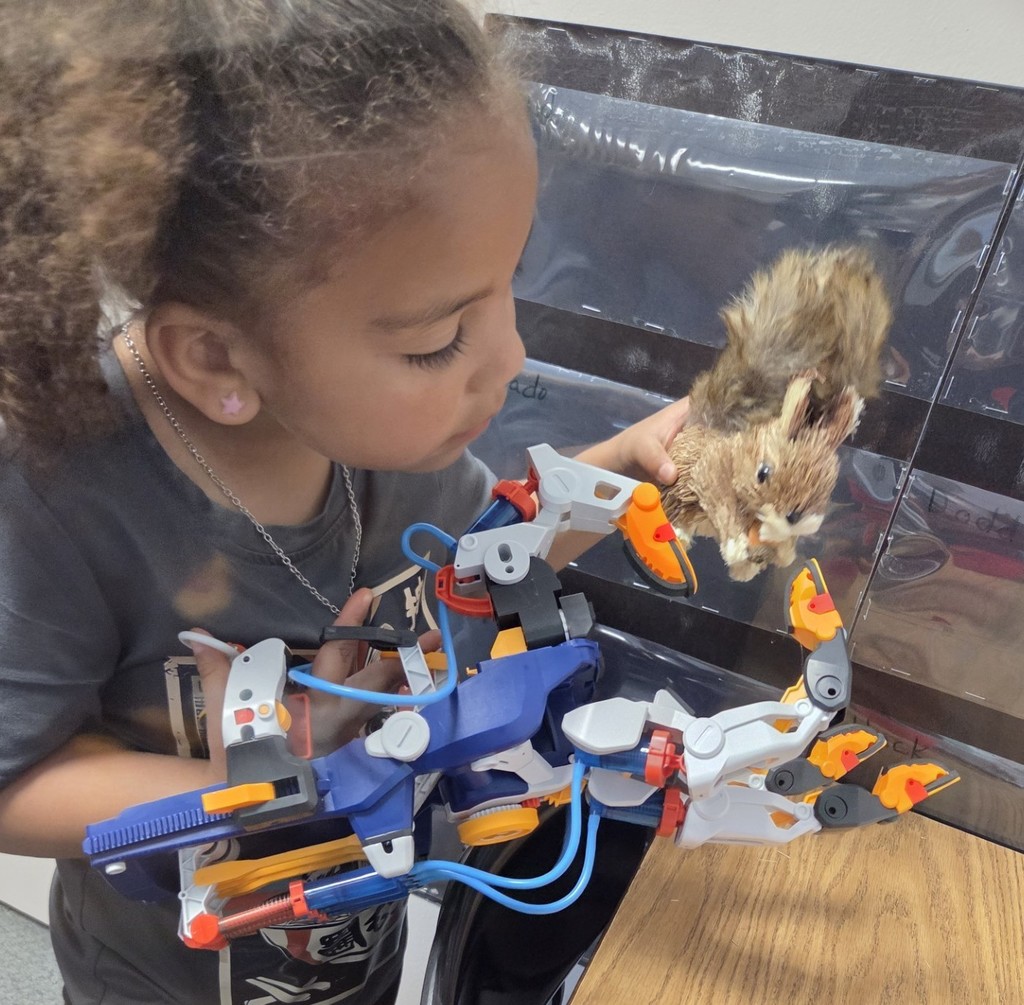A Kindergarten student is carefully using the thumb and index finger of the Mega Cyborg Hand to gently grip the toy squirrel.