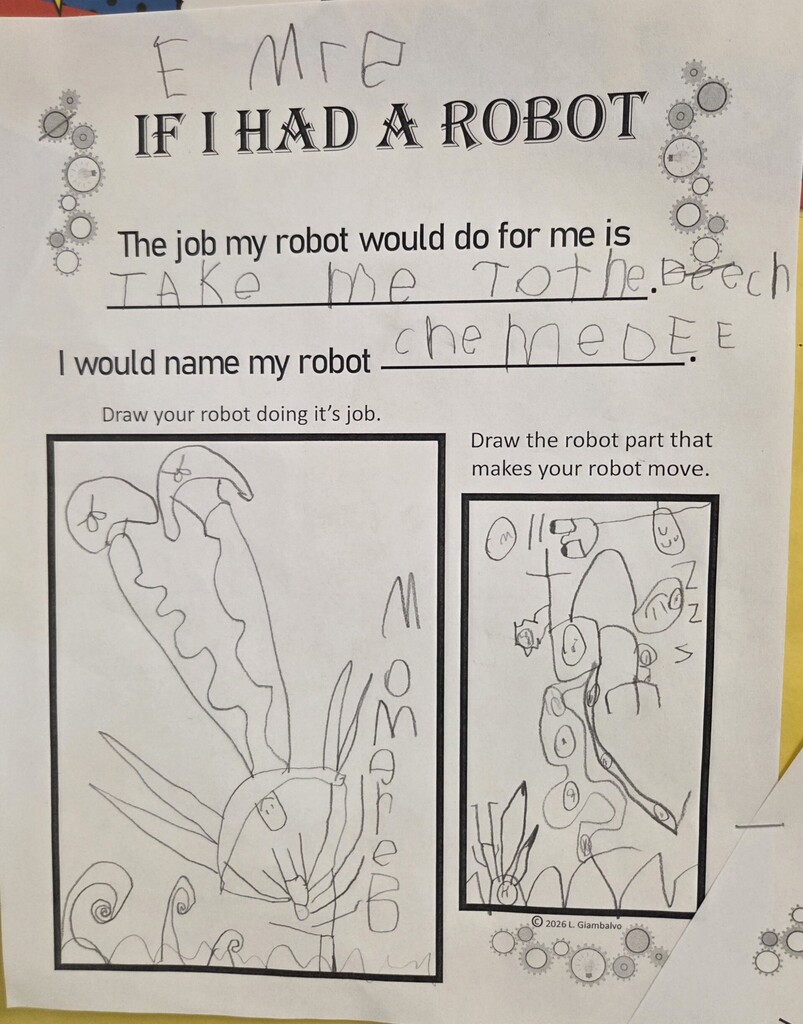 This kindergarten student has a very detailed illustration of his robots job, taking him to the beach.