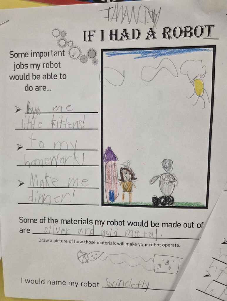 One job this 2nd grade student would like her robot to do is to buy her little kittens.