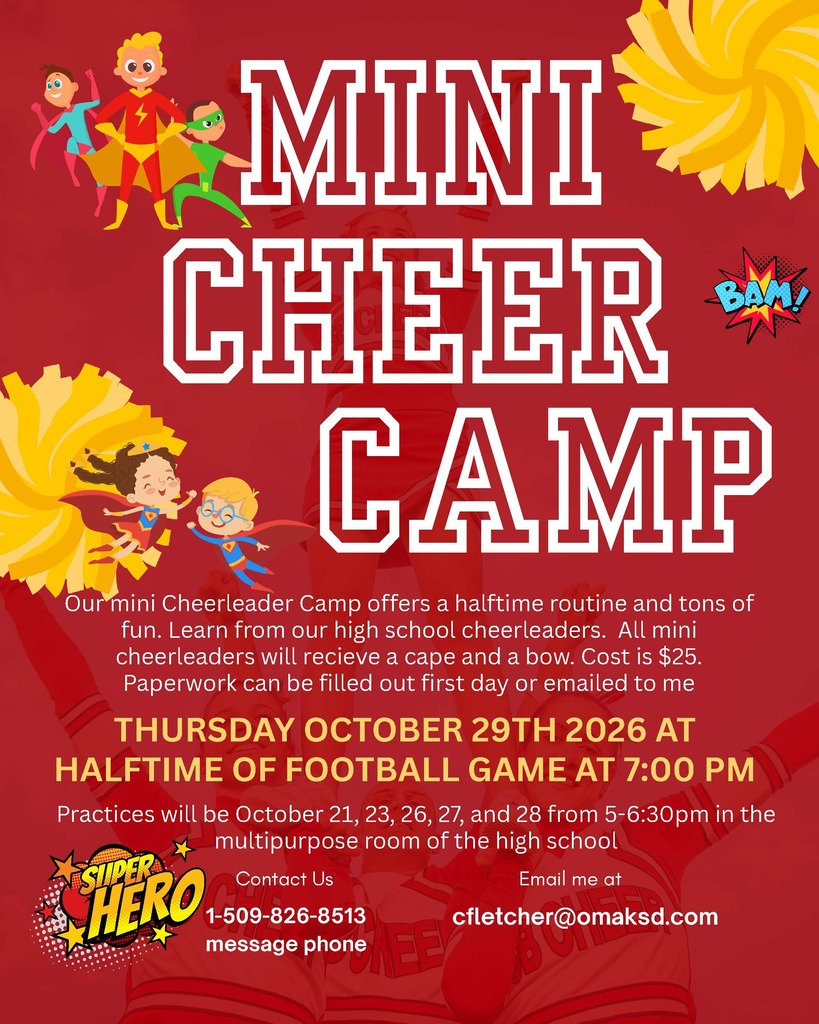 Mini Cheer Camp Practices are on October 21, 23, 26, 27, and 28 from 5:00 to 6:30.