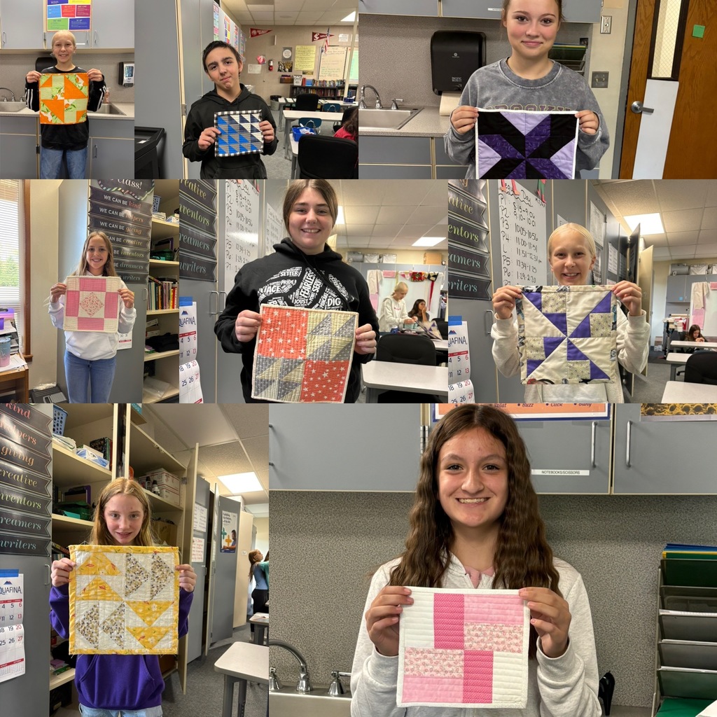 Picture collage of middle school sewing students with their quilt squares
