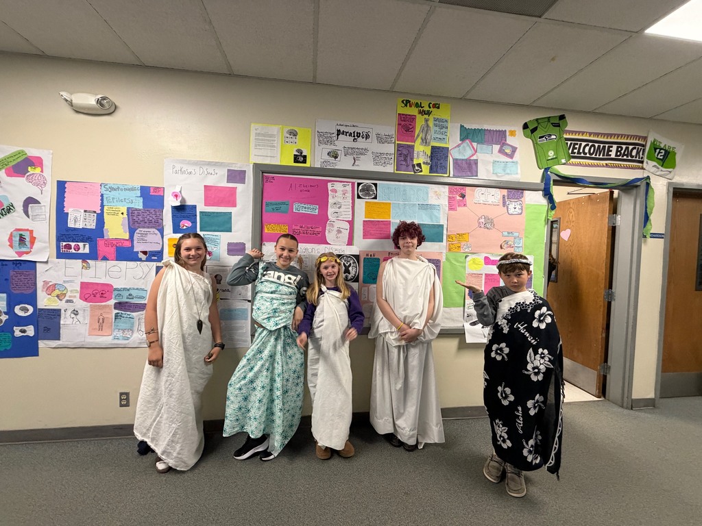 Middle school students dressed up in togas for Mr. Gerbrach's Greek lesson on 4/17/2026