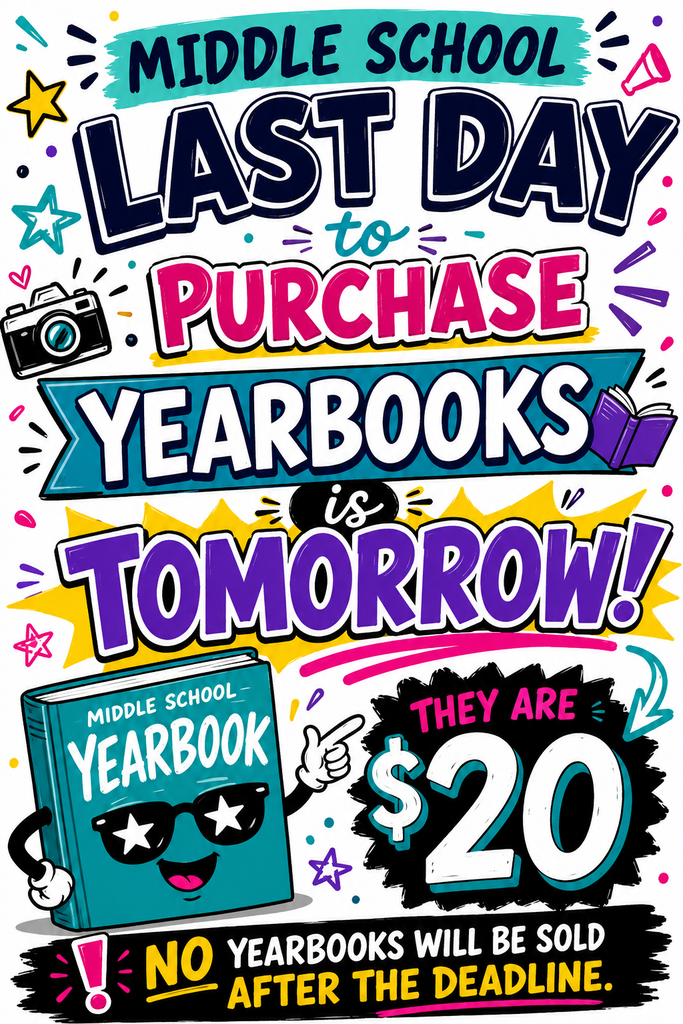 🚨 MIDDLE SCHOOL YEARBOOK ALERT! 🚨📚 Tomorrow is the FINAL day to purchase your yearbook!  💵 Yearbooks are only $20 - Cash only! ⏰ Orders close tomorrow — and no extra yearbooks will be sold after the deadline!  Don’t miss out on all the memories, friends, laughs, sports, dances, and unforgettable moments from this school year! ✨  Get yours before it’s too late! 📖
