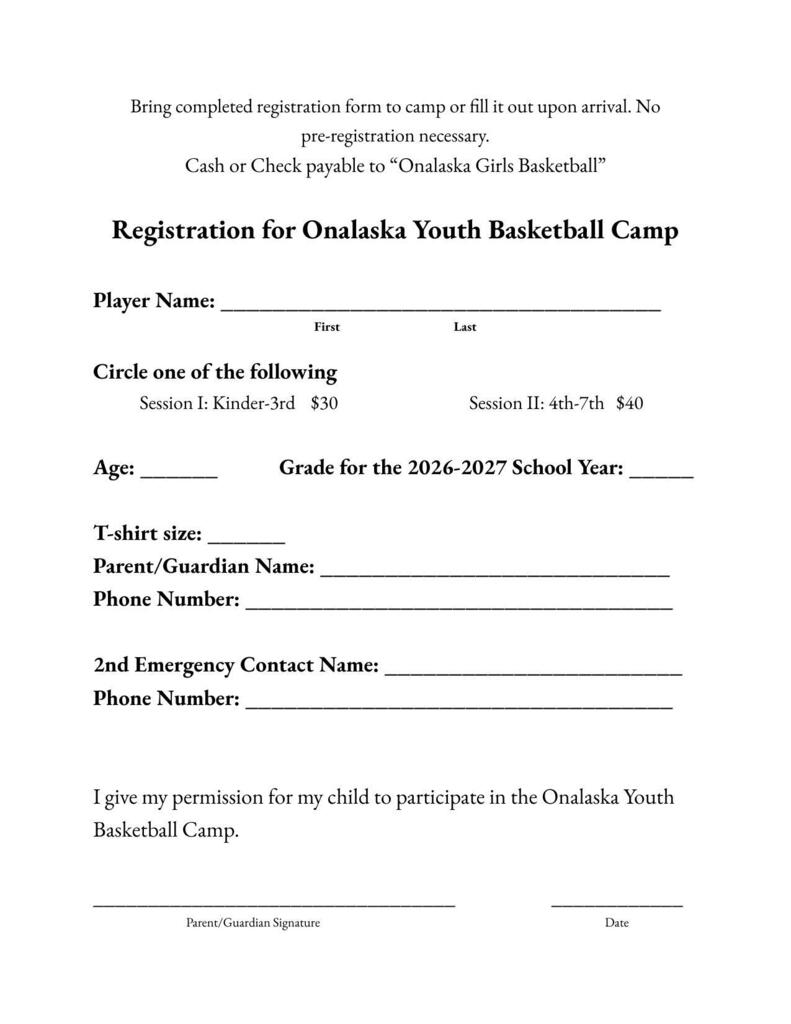 Youth basketball  registration sheet that is needed to attend the camp 