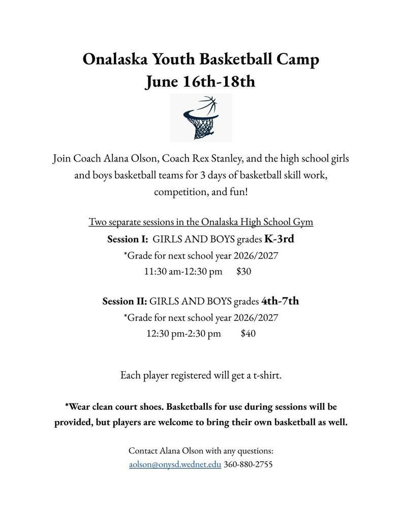 Youth basketball flyer about camp coming up June 16th -18th