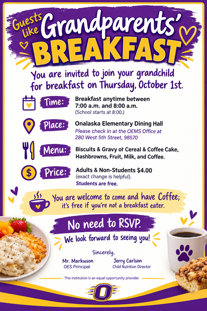 ๐๐ Guests Like Grandparentsโ Breakfast! ๐๐ Grandparents and special guests, we would love to have you join us for breakfast! ๐ณโ Come enjoy a yummy meal, a cup of coffee, and some special time with your favorite Logger on Thursday, October 1st, from 7:00 to 8:00 a.m. No RSVP needed. We hope to see you there! ๐