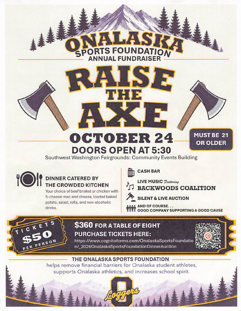 ๐ช Raise the Axe for our student athletes! Join the Onalaska Sports Foundation on October 24 for dinner, live music, and silent and live auctions, all supporting Onalaska athletics! ๐๐ ๐ Southwest Washington Fairgrounds, Community Events Building ๐ Doors open at 5:30 p.m. ๐๏ธ $50 per person or $360 for a table of eight ๐ Ages 21 and older See the flyer for ticket details. Go Loggers!