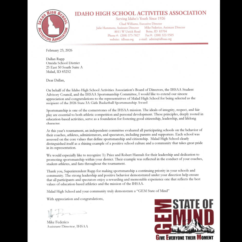 IHSAA Gem state of Mind Letter