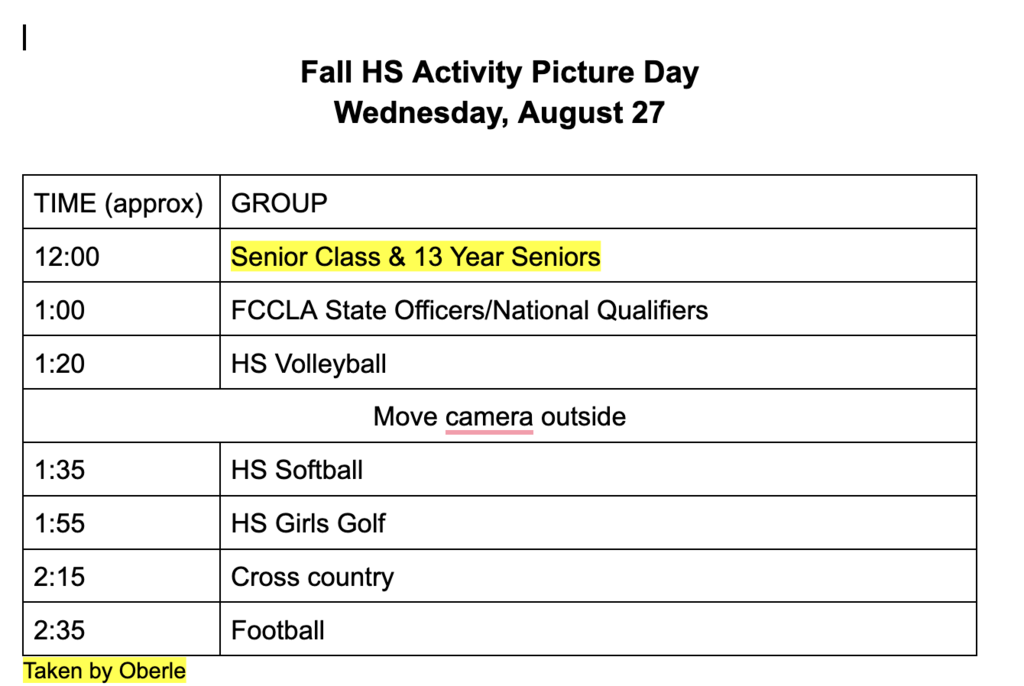 Fall High school Activity Picture Day