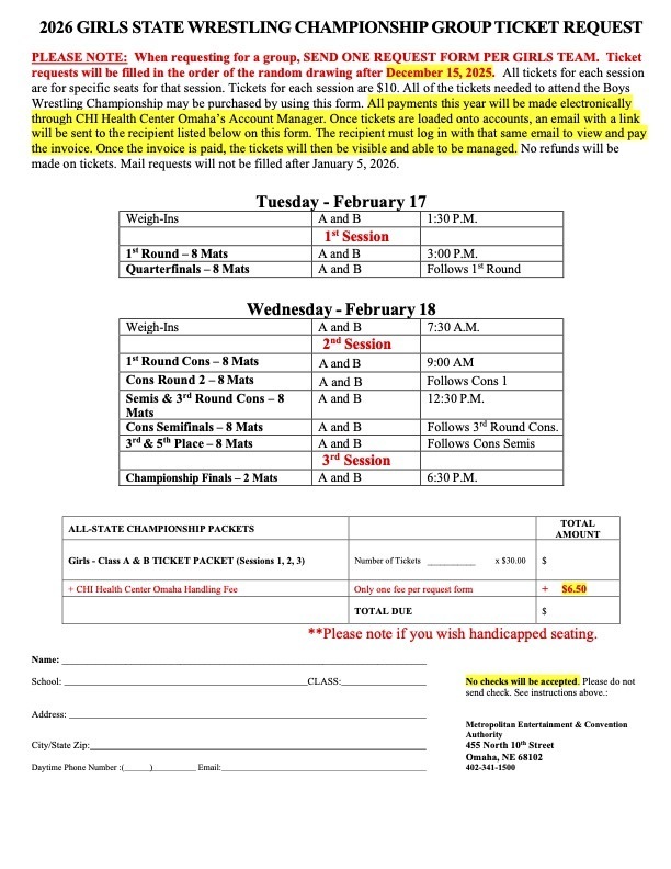 2026 GIRLS STATE WRESTLING CHAMPIONSHIPS - TEAM TICKET REQUEST