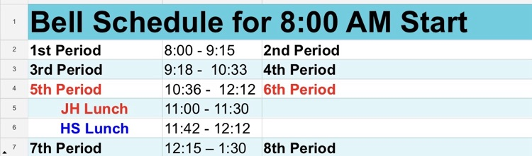 8 am Semester test schedule