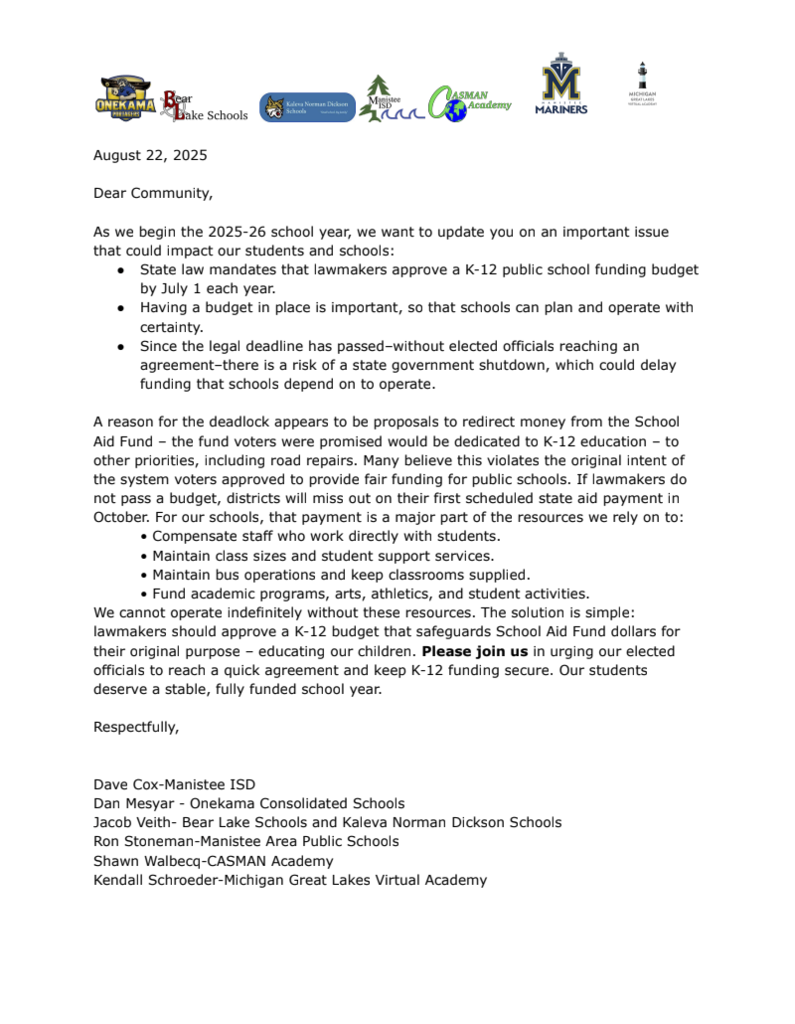 A joint letter from the Manistee ISD's superintendents.