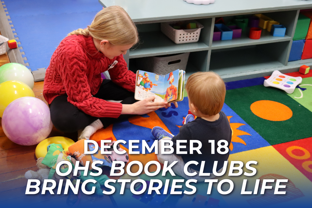 Student and child reading a book with the text December 18, OHS Book Clubs bring stories to life