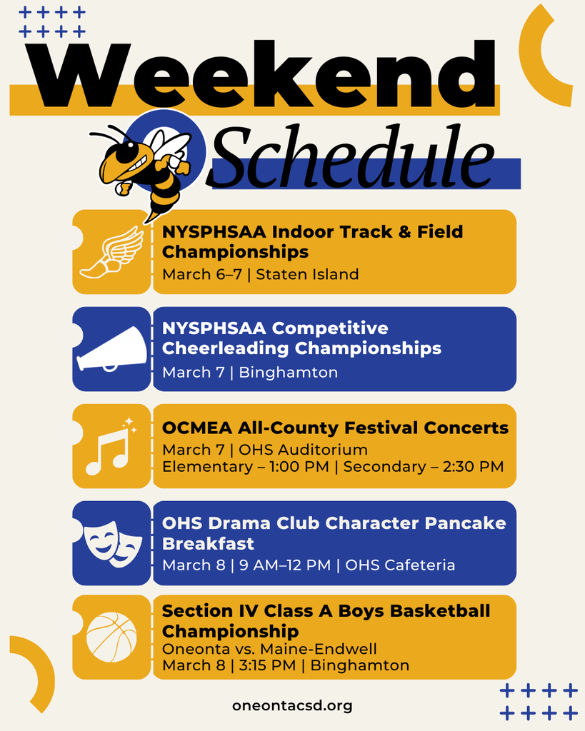 🐝 A big weekend for our Yellowjackets!  From state championships to concerts and family events, our students are representing Oneonta in amazing ways. Check out the schedule above to see what’s happening this weekend!  Visit the link in our bio to read the full article and learn more about each event.  Come out and support our incredible students! 💙💛