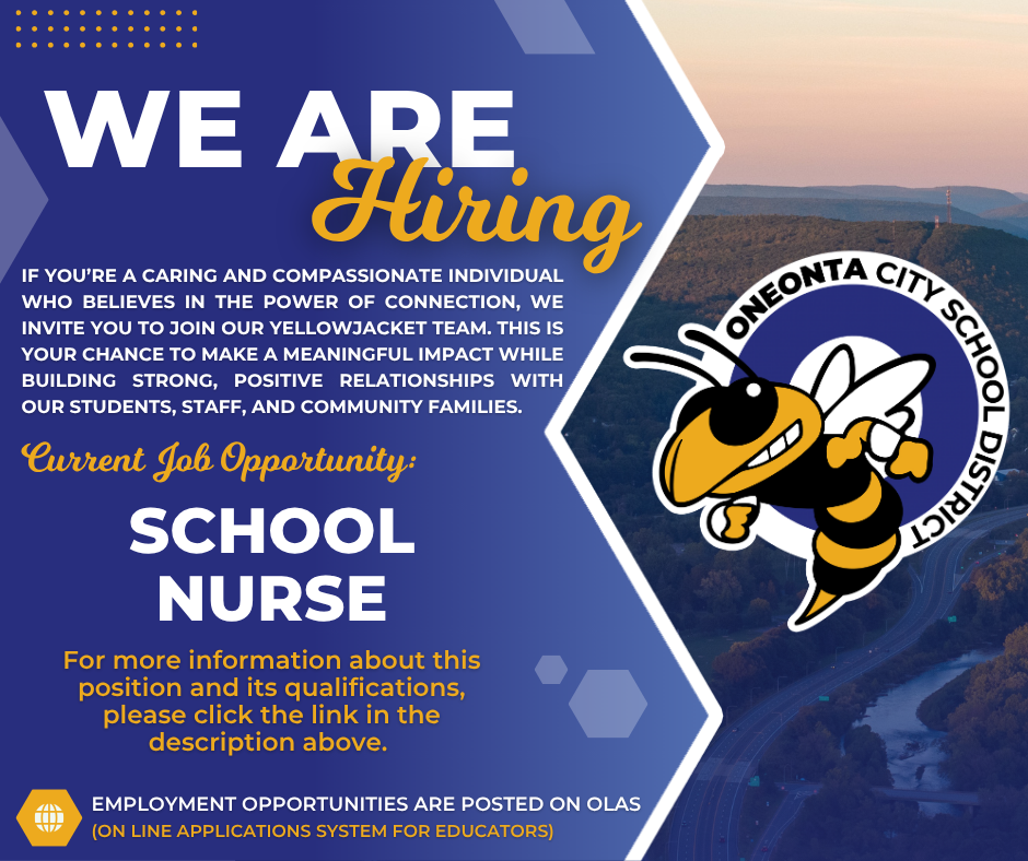 Now Hiring: School Nurse 🐝  Oneonta City School District is looking for a caring and qualified School Nurse to support the health and well-being of our students each day. If you’re passionate about helping children thrive in a safe and supportive school environment, we’d love to have you join our Yellowjacket team.  🔗 Learn more and apply here: https://olasjobs.org/job-details/ONEN0372971-0000