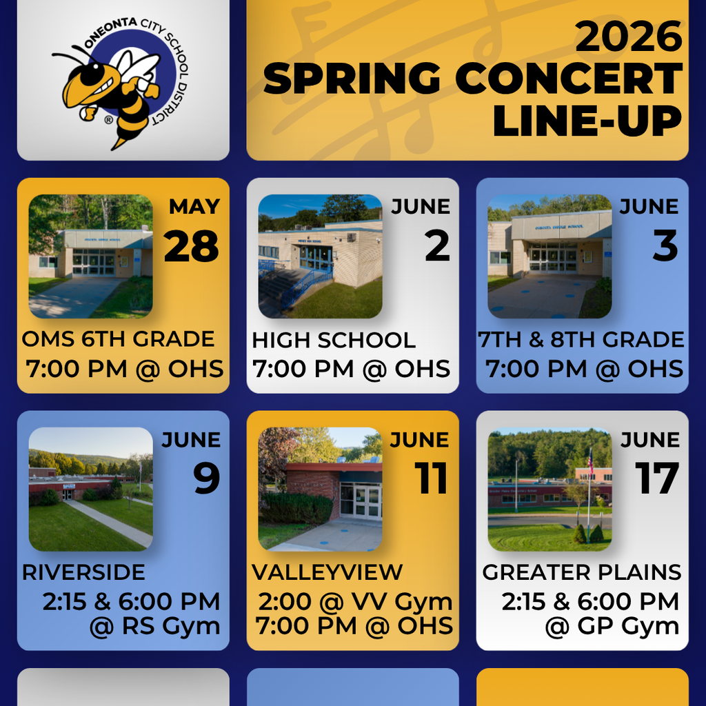 📍 OMS 6th Grade Concert 🗓 May 28 | 7:00 PM 📌 OHS Auditorium  📍 OHS Spring Concert 🗓 June 2 | 7:00 PM 📌 OHS Auditorium  📍 OMS 7th & 8th Grade Concert 🗓 June 3 | 7:00 PM 📌 OHS Auditorium  📍 Riverside Elementary Concerts 🗓 June 9 | 2:15 PM & 6:00 PM 📌 RS Gym  📍 Valleyview Elementary Concerts 🗓 June 11 | 2:00 PM at VV Gym 🗓 June 11 | 7:00 PM at OHS Auditorium  📍 Greater Plains Elementary Concerts 🗓 June 17 | 2:15 PM & 6:00 PM 📌 GP Gym  We hope you will join us in ce